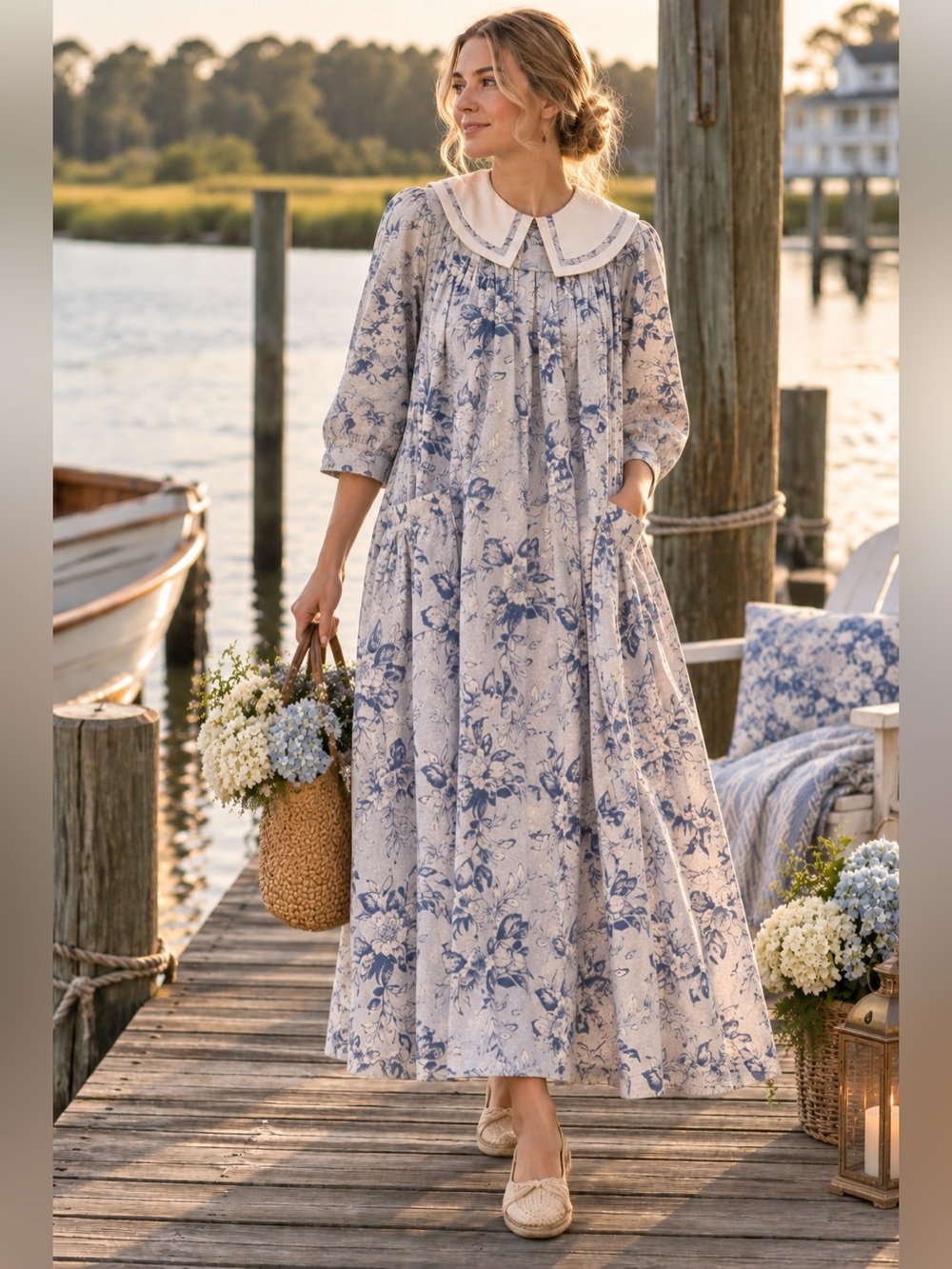 Vintage Laura Ashley 1980s Blue Floral Cotton Sailor Collar Dress VTG UK 10 US 8